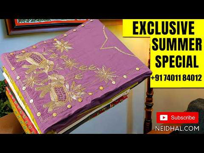 Designer Purple premium silk cotton unstitched salwar material (lining needed) bead, zardozi, sequins work on yoke, matching silk cotton bottom, dual shade zari buttas on silk cotton dupatta with borders (TAPING NEEDED). JA260812