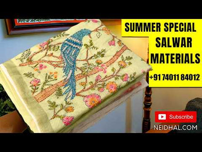 Turquoise green& beige digital printed fancy jute silk unstitched salwar material(thin fabric, lining needed)turquoise green silky bottom, digital printed dual shaded fancy jute silk dupatta with printed border& pallu. CODE FB250911