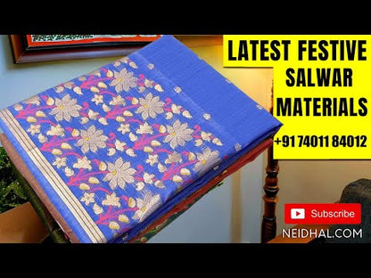 Designer premium raw silk Purplish Pink unstitched salwar material, heavy zari and sequins work on yoke (Textured, Lining Needed) Violet silk cotton bottom, multicolored ikat printed fancy silk dupatta with fancy tassels. NV251511