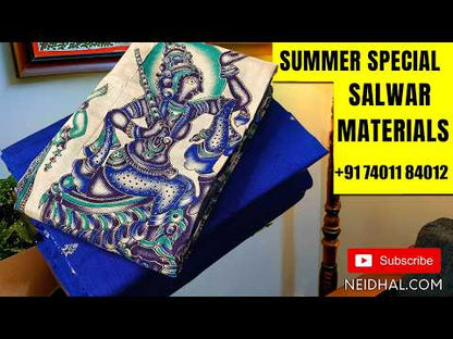 Light greyish beige semi gicha unstitched salwar material, warli printed with faux mirror work on yoke(thin fabric, lining needed)Pink cotton bottom, digital warli printed silk cotton dupatta. MR262520