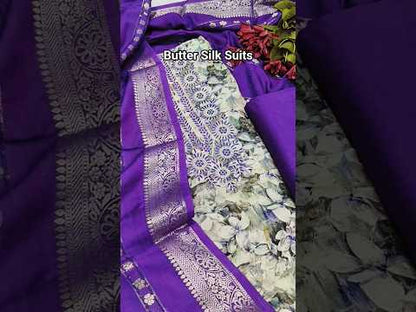Grey base floral printed premium butter silk unstitched salwar material, embroidered &bead work on yoke(thin, lining needed)mehandhi yellow silky bottom, premium jakard silk cotton dupatta with zari weaving &borders. CODE JL251004