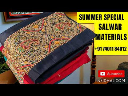 Purple premium handloom cotton unstitched salwar material, thread weaving all over, thread woven handloom cotton bottom. handblock printed mul cotton dupatta. SP260809