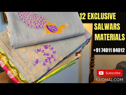 Pale pink printed semi linen unstitched salwar material, zardozi& bead work on front(lining needed)matching santoon bottom, bird printed semi linen short width dupatta with lace tapings. CODE MR252515