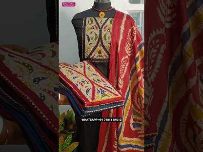 Dark teal blue satin cotton unstitched salwar material, thread& real mirror work on yoke(lining optional)yellow cotton bottom, batik dyed pure mul cotton dupatta. CODE JL250707