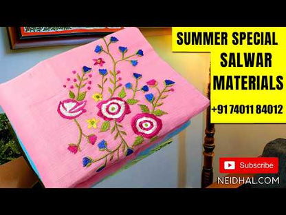 PREORDER: SHIPPING AFTER 10 DAYS Light peachish pink premium kota unstitched salwar material,rich embroidery work on yoke(Lining Needed)matching cotton bottom,embroidery work on full length kota dupatta. AP260304