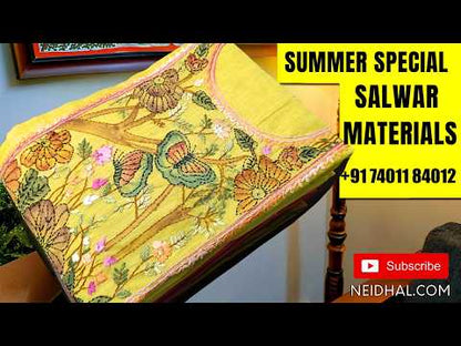 Dark blue premium sof mul cotton unstitched salwar material, cross stitch embroidery & mirror work on yoke, floral printed all over,(lining optional) matching cotton bottom, block printed soft mul cotton full length dupatta. MY261910