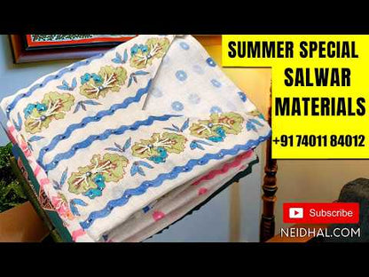 Multicolor fancy silk unstitched salwar material( lining needed)purple silky bottom,floral printed fancy silk dupatta. MY260422