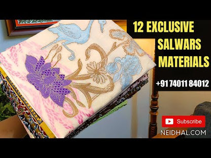 Lavender schiffli embroidered cotton unstitched salwar material, v neck with thread& sequins work(thin fabric, lining needed)matching lining provided, NO BOTTOM, brush painted fancy chiffon dupatta with lace tapings. CODE JA250703