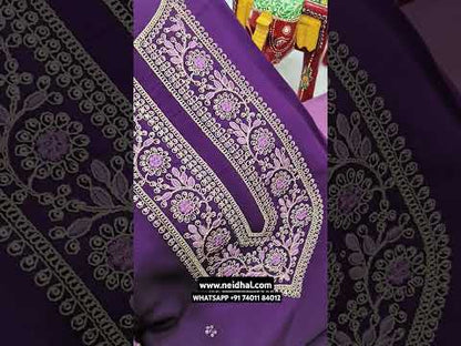Dark purple fancy silk cotton unstitched salwar material, zari& sequins work on yoke(lining optional)light mauve silky bottom, dual shaded fancy silk cotton dupatta with zari& sequins work. CODE MY252310