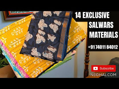 Blue premium cotton unstitched salwar material, block printed yoke with thread& sequins work(lining optional)maroon cotton bottom, block printed pure cotton full length dupatta. CODE FB252217