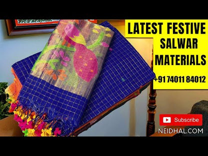 Dual Shaded Orange designer muslin jamdani unstitched salwar material, hand woven design& zari checks all over(thin, lining needed)NO BOTTOM, muslin jamdani full length dupatta with zari checks& rich paithani weaning pallu. OC252709