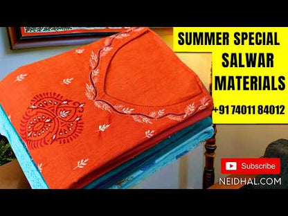 Dark green soft kantha cotton unstitched salwar material,round notch neck,kantha stitch work all over,(Lining optional)soft cotton bottom,brush paint work on silk cotton dupatta with gold tissue borders. JN260315