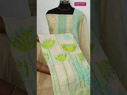 Rich beige jamdani woven soft silk cotton unstitched salwar material, bead& zardozi work on front(thin, lining needed)matching santoon bottom, jamdani woven soft silk cotton dupatta with lace tapings. CODE SP250805