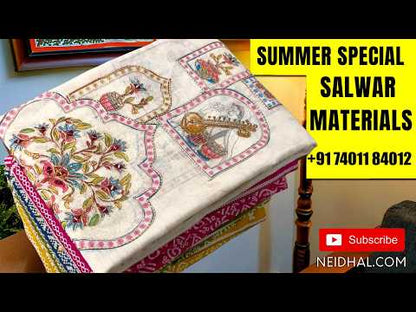 Mehandhi yellow printed accord linen unstitched salwar material,zari &hand embroidery work on yoke ( lining needed ) spun cotton bottom,floral printed accord linen dupatta with gold tissue borders. MY261907