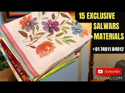 Mossy green textured slub silk cotton unstitched salwar material, faux mirror work on yoke(thin fabric, lining needed)dark blue cotton bottom, banarasi thread woven silk cotton dupatta with tassels. CODE MR250712