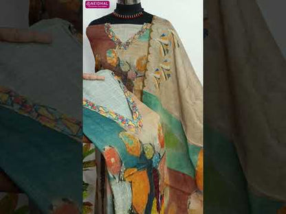Multi color abstract printed tissue linen unstitched salwar material, v neck, rich hand work on front(thin, lining needed)light grey santoon bottom, abstract printed pure tissue linen dupatta. CODE AG252610