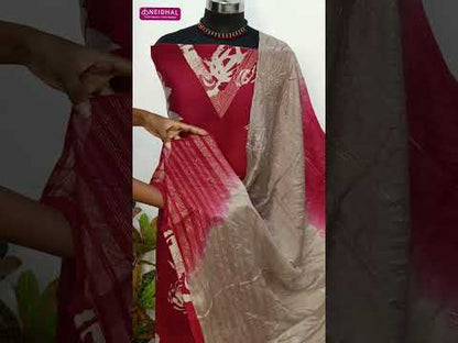 Dark maroon floral printed soft silk cotton unstitched salwar material, v neck with zari work(lining needed)light grey silky bottom, dual shaded soft silk cotton short width dupatta with zari& sequins work. CODE AG252405