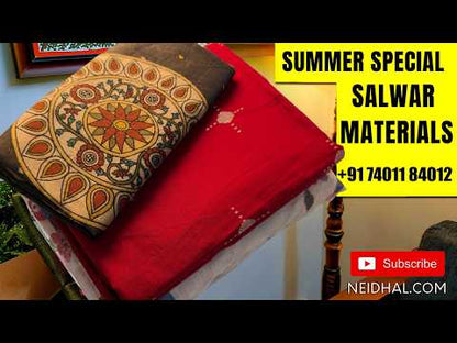 Dark Blue slub silk cotton unstitched salwar material, organza patch on daman, benarasi zari weaving all over (Lining Needed) Matching bottom, slub silk cotton dupatta with benarasi zari weaving. AG263114