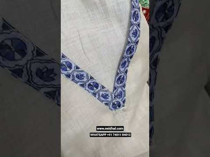 Beige digital printed premium linen unstitched salwar material, v neck, bead work on daman(lining needed)matching santoon bottom, digital printed premium linen dupatta with bead work& fancy tassels. CODE JL252101