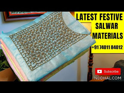 White fancy linen unstitched salwar material,embroidery, faux mirror and thread work on yoke,(thin, lining needed)purple silky or silk cotton bottom,floral printed semi linen dupatta with silver tissue borders. NV252203