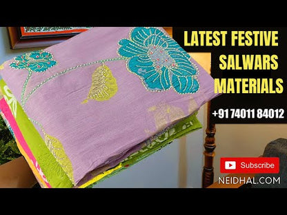 Bright green soft cotton unstitched salwar material, bead& sequins work on yoke(lining needed)printed cotton bottom, printed cotton dupatta(TAPINGS NEEDED). Code AP251409