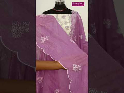 Half white base organza chiffon unstitched salwar material, thread& sequins work on front(thin, lining needed)purple silky bottom, organza chiffon dupatta with embroidery& scallop borders. CODE SP250717