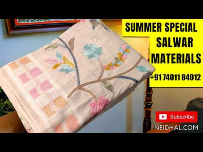 Blue digital printed slub silk cotton unstitched salwar material, ( lining needed) silky bottom, digital printed full length slub silk cotton dupatta with pallu. JL263108
