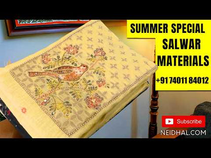 Designer off white base mul chanderi unstitched salwar material ,v neck on yoke with hand embroidery,applique work & cut bead work,(BLUE)(thin,Lining Needed)matching silk cotton bottom, floral embroidery &applique work on mul chanderi dupatta. JN261902