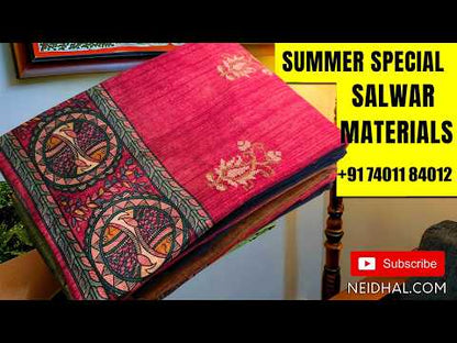 Brick red semi tussar unstitched salwar material,cross stitch work on front,madhubani printed daman,(lining needed)blue spun cotton bottom,digital printed semi tussar dupatta with madhubani printed pallu. OC260206