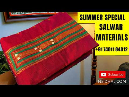 Blue mercerized handloom cotton unstitched salwar material,zari patch on yoke,zari buttas all over,(lining needed)handloom cotton bottom,full length mercerised handloom cotton dupatta with contrast  borders. AG260709