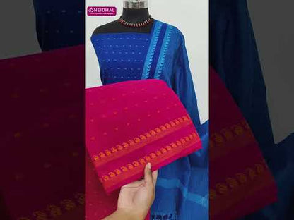 Red south handloom cotton unstitched salwar material, thread woven design all over(lining optional)handloom cotton bottom, handloom cotton dupatta with borders. CODE SP250107
