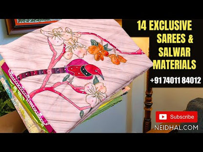 Dark blue floral printed pure cotton unstitched salwar material, zari& sequins work on yoke(lining optional)purple zig zag printed cotton bottom, printed pure mul cotton full length dupatta. CODE FB252609