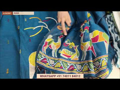 Dark blue abstract printed premium linen salwar material, hand embroidery work on front,(textured, lining needed)santoon bottom, abstract printed, kantha stitch and sequins work on linen dupatta. JL262511