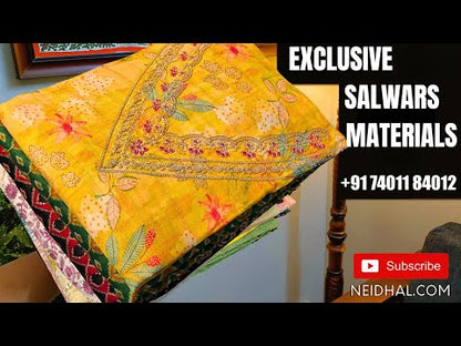 Dark blue base designer chanderi silk cotton unstitched salwar material(thin fabric, lining needed)matching drum dyed cotton bottom, printed chanderi silk cotton dupatta with gold tissue borders(REQUIRES TAPINGS).