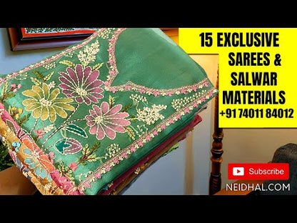 Half white schiffli embroidered pure cotton unstitched salwar material, faux mirror& applique work on yoke(lining needed)kalamkari printed cotton bottom, kalamkari printed pure cotton full length dupatta. CODE AP250816