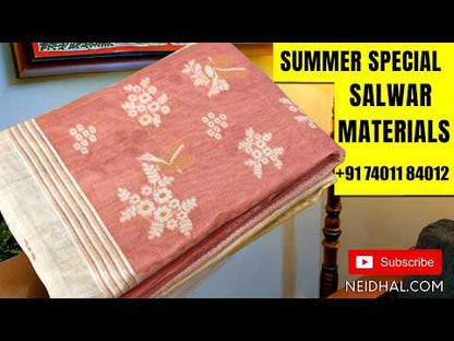 Oinon pink jamdani woven premium silk cotton unstitched salwar material ( soft,lining needed) panel jamdani woven on front, mughal printed all over,matching silky bottom, jamdani woven silk cotton full length dupatta with tassels. JN260901