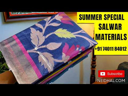 Rich beige soft silk cotton unstitched salwar material, gold zari and thread weaving on front,(lining needed)silky bottom, thread weaving full length soft silk cotton dupatta. JL261810