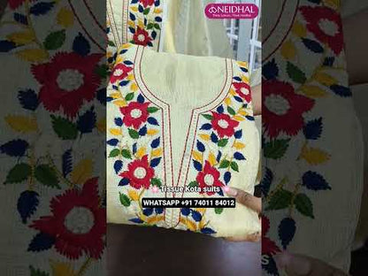 Rich beige with golden tint soft tissue kota silk cotton unstitched salwar material, rich embroidery on yoke(thin, lining needed)matching spun cotton bottom, tissue kota silk cotton dupatta with banarasi zari woven borders. CODE AG252002