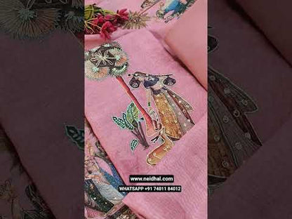 Onion pink digital printed silk cotton unstitched salwar material, thread& zari work on front(thin fabric, lining needed)matching santoon bottom, digital printed silk cotton full length dupatta with sequins work. CODE JL252901