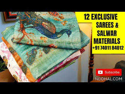 Light brown peacock digital printed semi linen unstitched salwar material, zardozi work on yoke& front(thin, lining needed)matching santoon bottom, digital printed semi linen dupatta. CODE JN251902