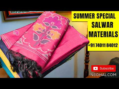 Off white premium jamdani woven silk cotton unstitched salwar material (soft,lining needed)benarasi weaving work on yoke,floral buttas on front,silk cotton bottom,zari & thread woven  premium organza dupatta with rich pallu. JN262511
