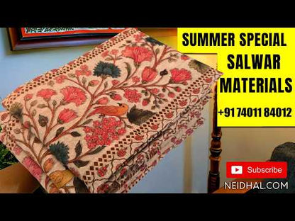 Light beige digital printed silk cotton unstitched salwar material (Pink) (Lightweight, Lining Needed)matching santoon bottom, lightwieght digital printed silk cotton dupatta with borders. OC262003