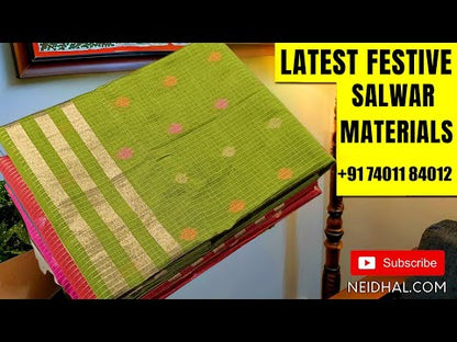 Maroon premium silk cotton unstitched salwar material (lining needed) zari buttas, zari lines allover, matching silk cotton bottom, dual shaded silk cotton dupatta with tissue pallu & tassels. JA261505