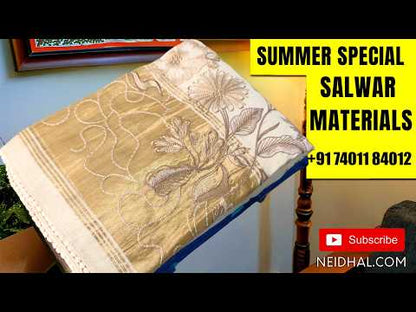 Black premium raw silk unstitched salwar material,thread weaving buttas all over, (textured, Lining needed) black silk bottom, pen kalamkari chennuri silk dupatta with nizam borders (INCONSISTENT STAINS ARE NOT DEFECTS).JN260503