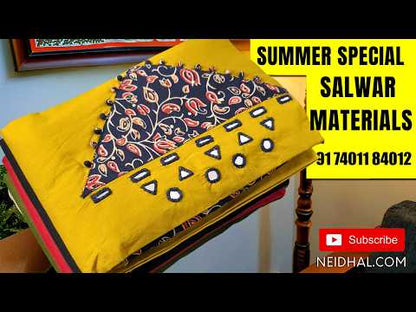 Green premium chanderi silk cotton unstitched salwar material, contrast yoke with zari woven, zari floral buttas on front (Thin, Lining Needed) spun cotton bottom, silk cotton dupatta with zari buttas and rich pallu. MY262615