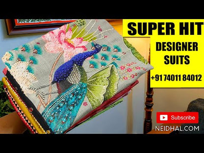 Black semi linen unstitched salwar material, fancy buttons on yoke, embroidered& sequins work on front(lining needed)maroon silk cotton bottom, floral printed semi  linen dupatta. CODE JA251206