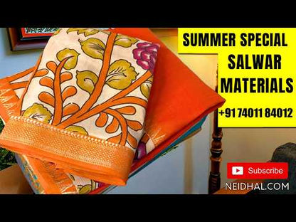 Dark blue wax batik soft silk cotton unstitched salwar material,tissue daman with pom pom tapping(lining needed)spun cotton bottom, wax batik on silk cotton dupatta with tissue pallu and pom pom tapping. JL261517