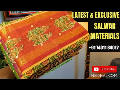 Beige silk cotton unstitched salwar material, heavy zari& sequence work on yoke(lining needed)matching silky bottom, fancy soft silk cotton dupatta with zari work& lace tapings. SP252212