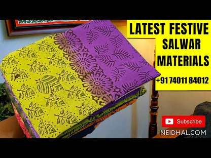 Designer olive Green premium silk cotton unstitched salwar material (lining needed) ikkat weaving buttas allover, zari daman, matching silk cotton bottom, zari checks, ikat woven buttas on dual shade silk cotton full length dupatta. DC251904