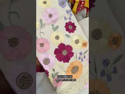 Half white designer jakard cotton unstitched salwar material, rich floral embroidered on yoke& daman(thin, lining needed)matching lining provided, NO BOTTOM, rich embroidered premium super net dupatta with lace tapings. CODE JL252701